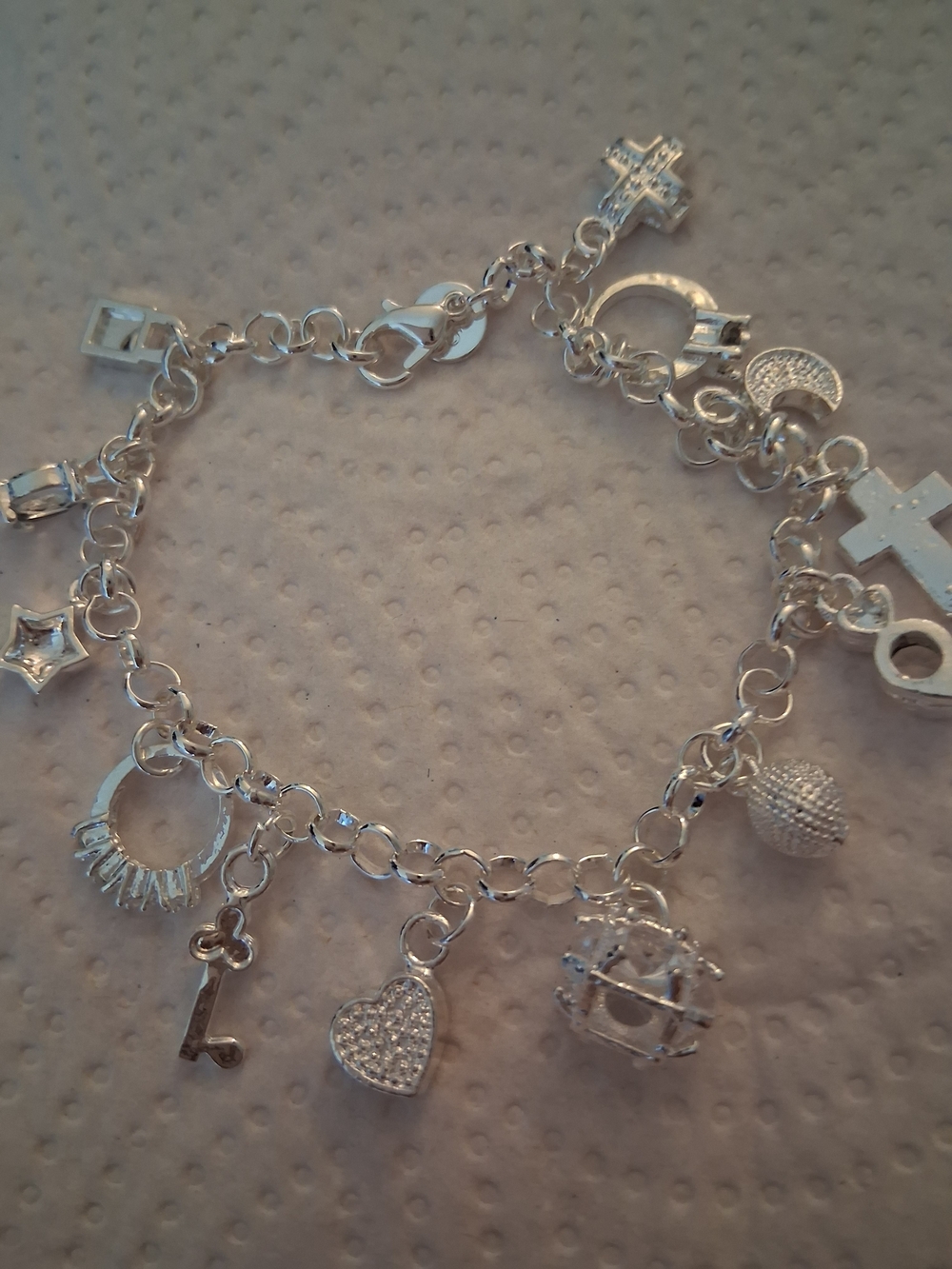 Silver Heart & Charm Bracelet with Key and Cross Accents Sell As It Is HELP 🐕